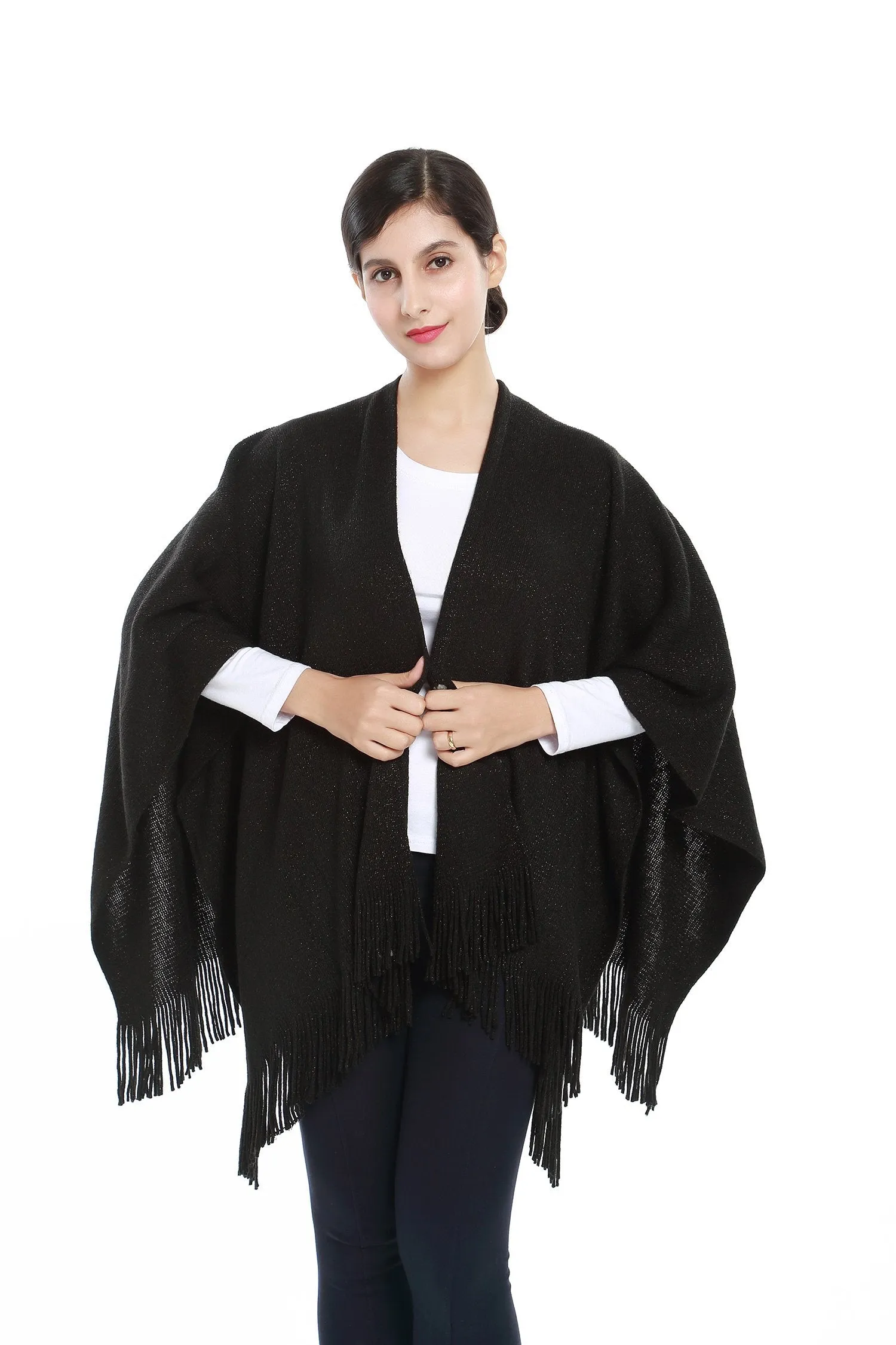 Women's Knitted Kimono Cardigan Cape Solid Black with Golden Threads CAR202