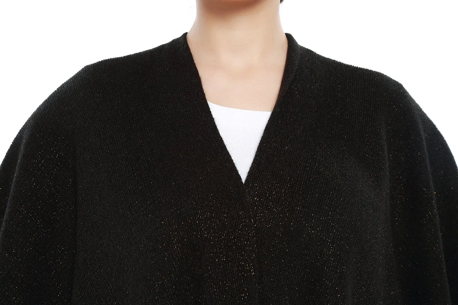 Women's Knitted Kimono Cardigan Cape Solid Black with Golden Threads CAR202