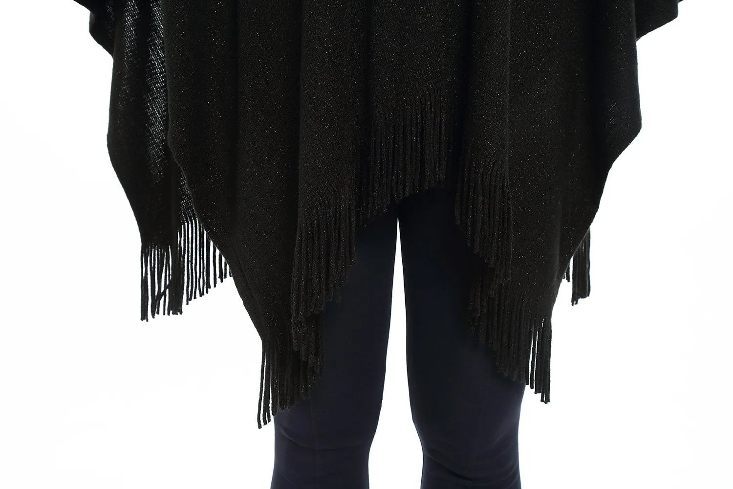 Women's Knitted Kimono Cardigan Cape Solid Black with Golden Threads CAR202