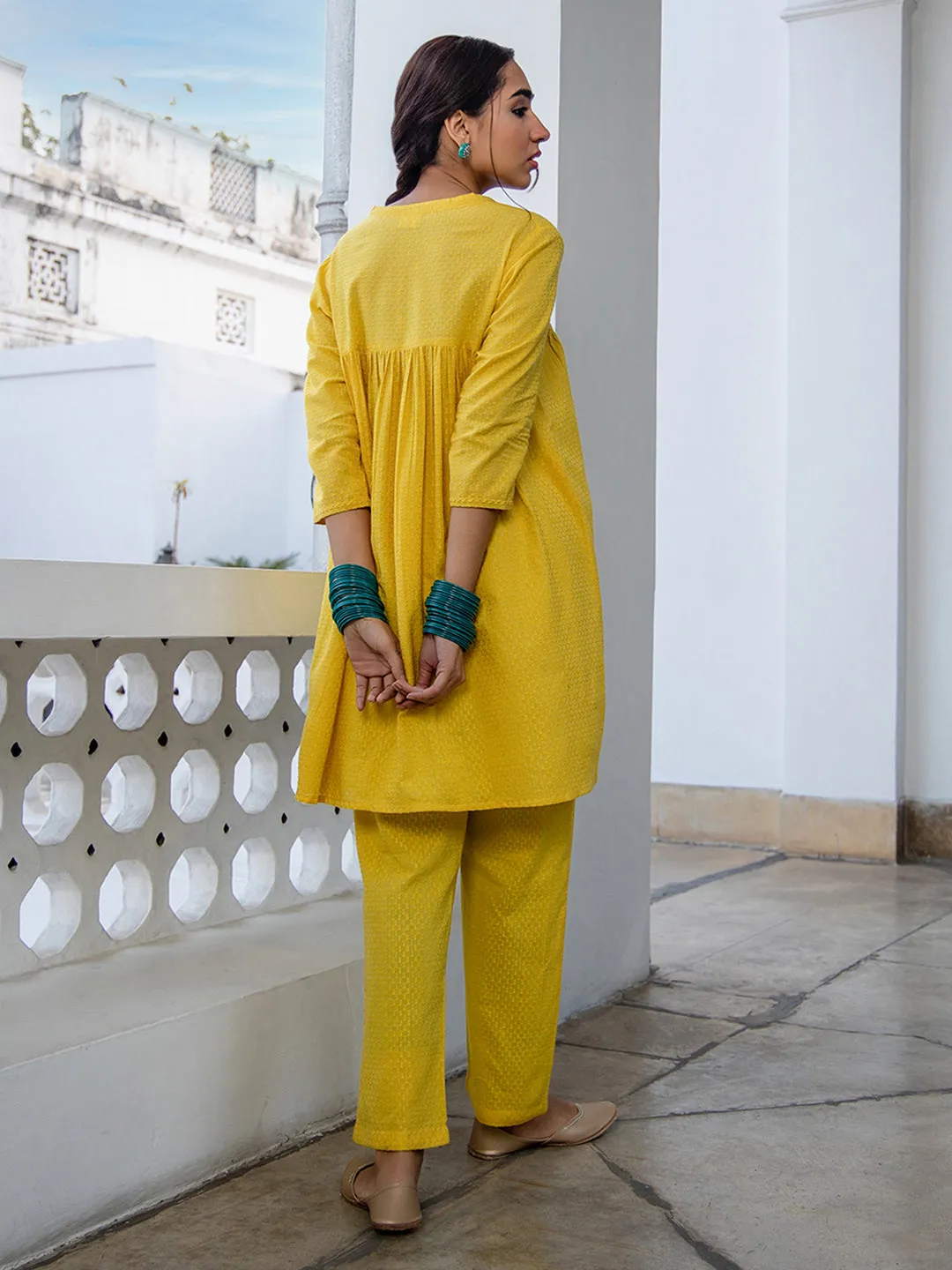 Yellow Cotton Jacquard Self Design Gathered Co-Ord Set